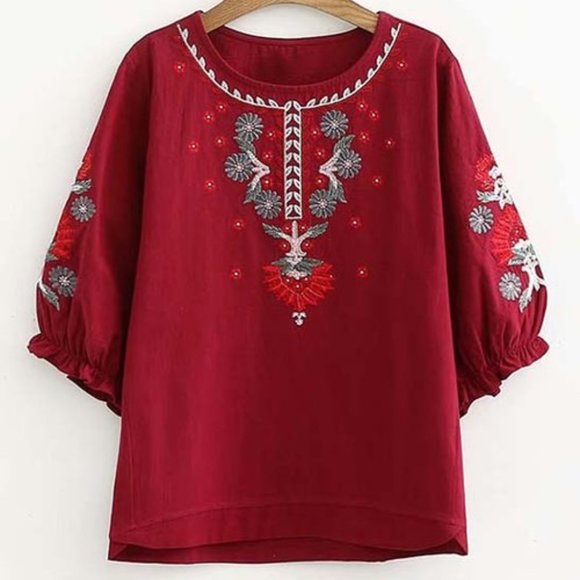 Udear Tops - Cotton Blend Floral Puff-Sleeve Peasant Embroidered Top